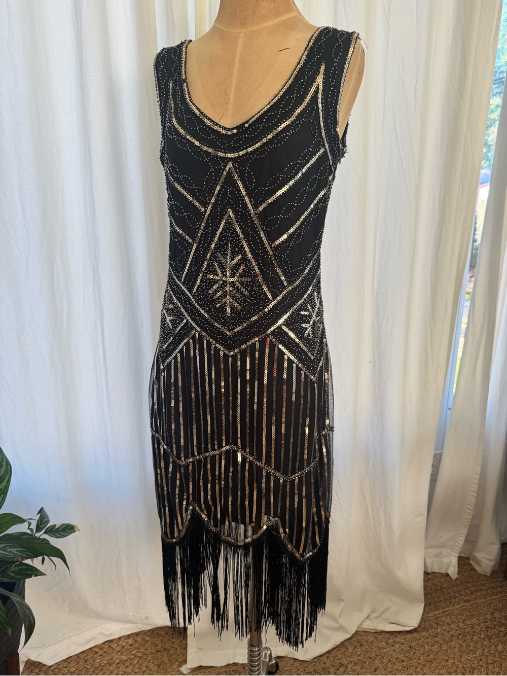 Black Gold Sequin Beaded Fringe Flapper Dress